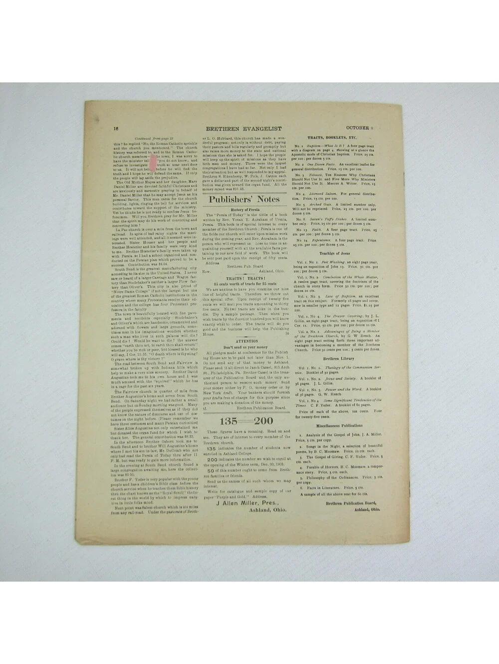 Brethren Evangelist Christian Newspaper Ashland Ohio Antique October 8th 1902